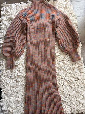 Ribbed Balloon Sleeve Knit Midi Dress in Multicolor Heather
